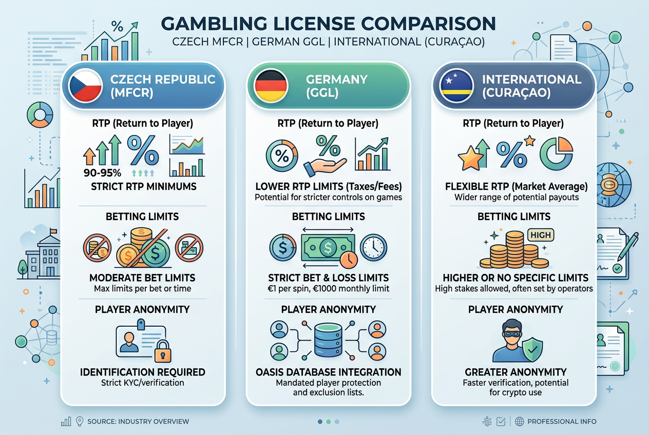 Srovnávací infografika hazardních licencí 2026 mezi MFČR, GGL a mezinárodními autoritami