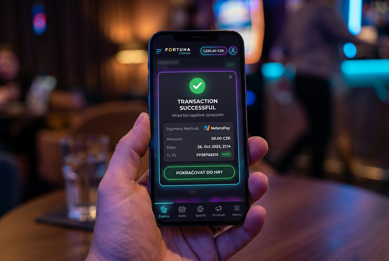 Moderní mobilní casino aplikace zobrazující potvrzení vkladu 50 Kč