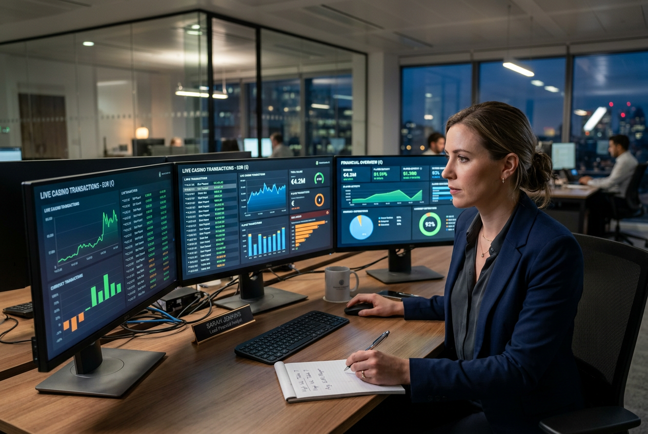 Profesionální datový analytik sleduje digitální obrazovky s transakčními daty kasina a symboly eur.