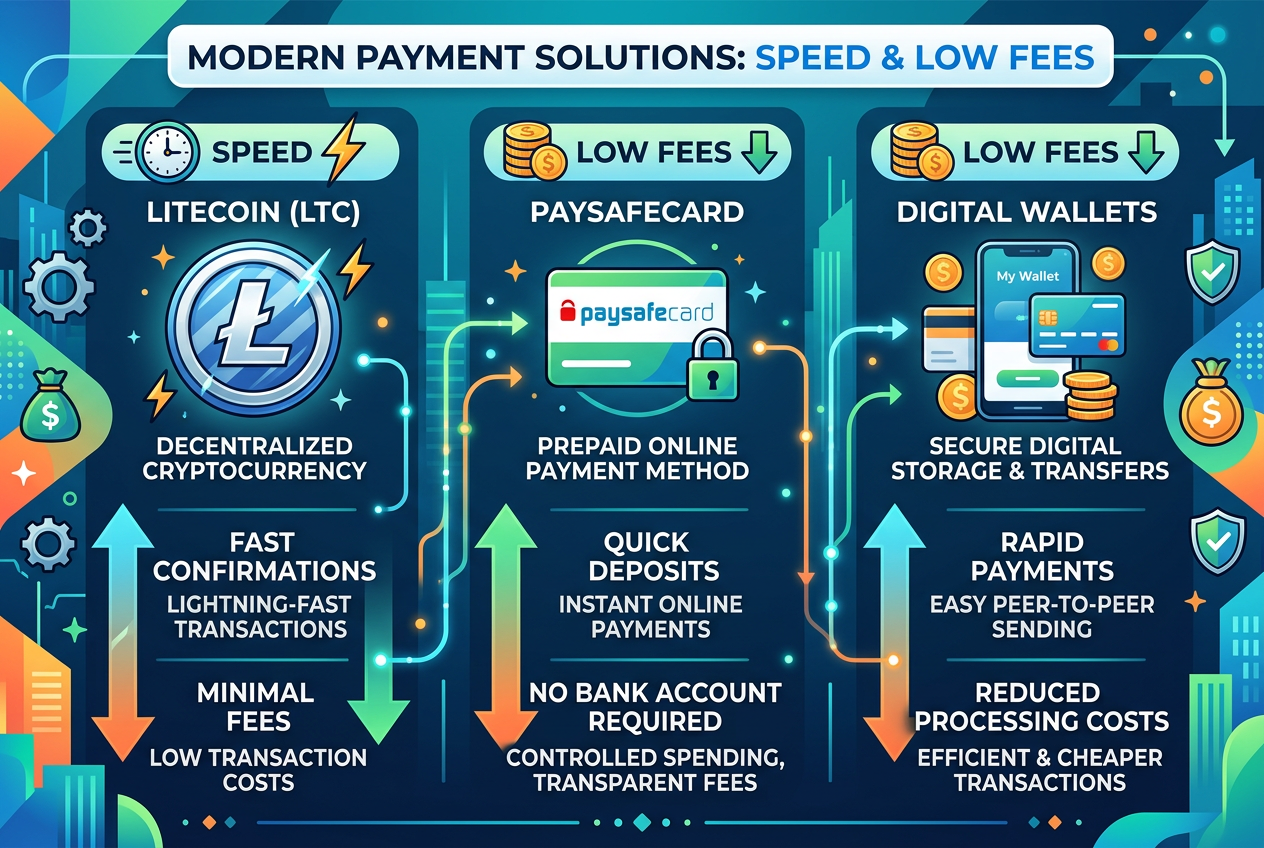 Infografika srovnávající platební metody jako Litecoin a Paysafecard s důrazem na rychlost a nízké poplatky.