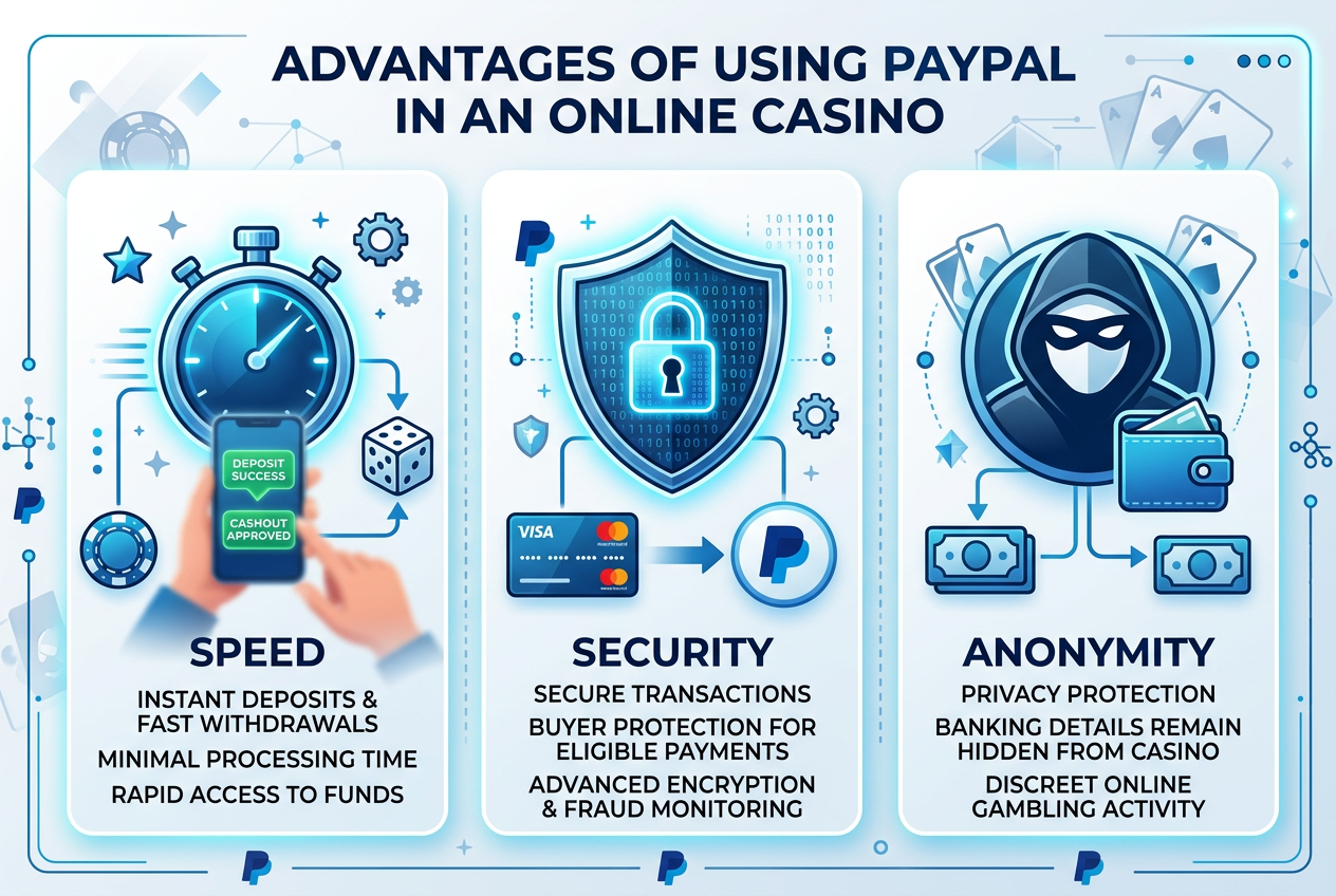 Informační grafika výhod PayPal v online casinu zahrnující rychlost a bezpečnost