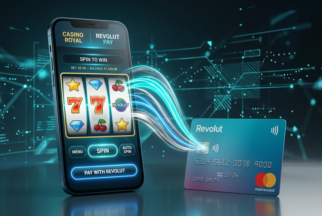 Moderní mobilní casino aplikace na smartphonu vedle karty Revolut s digitálními vlnami