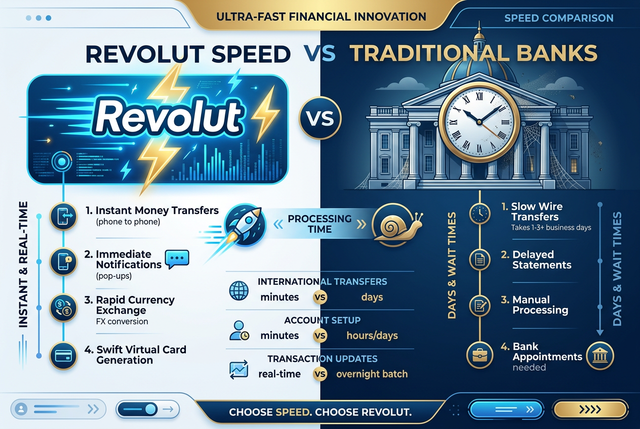 Infografika srovnávající rychlost Revolutu a tradiční banky pro casino platby