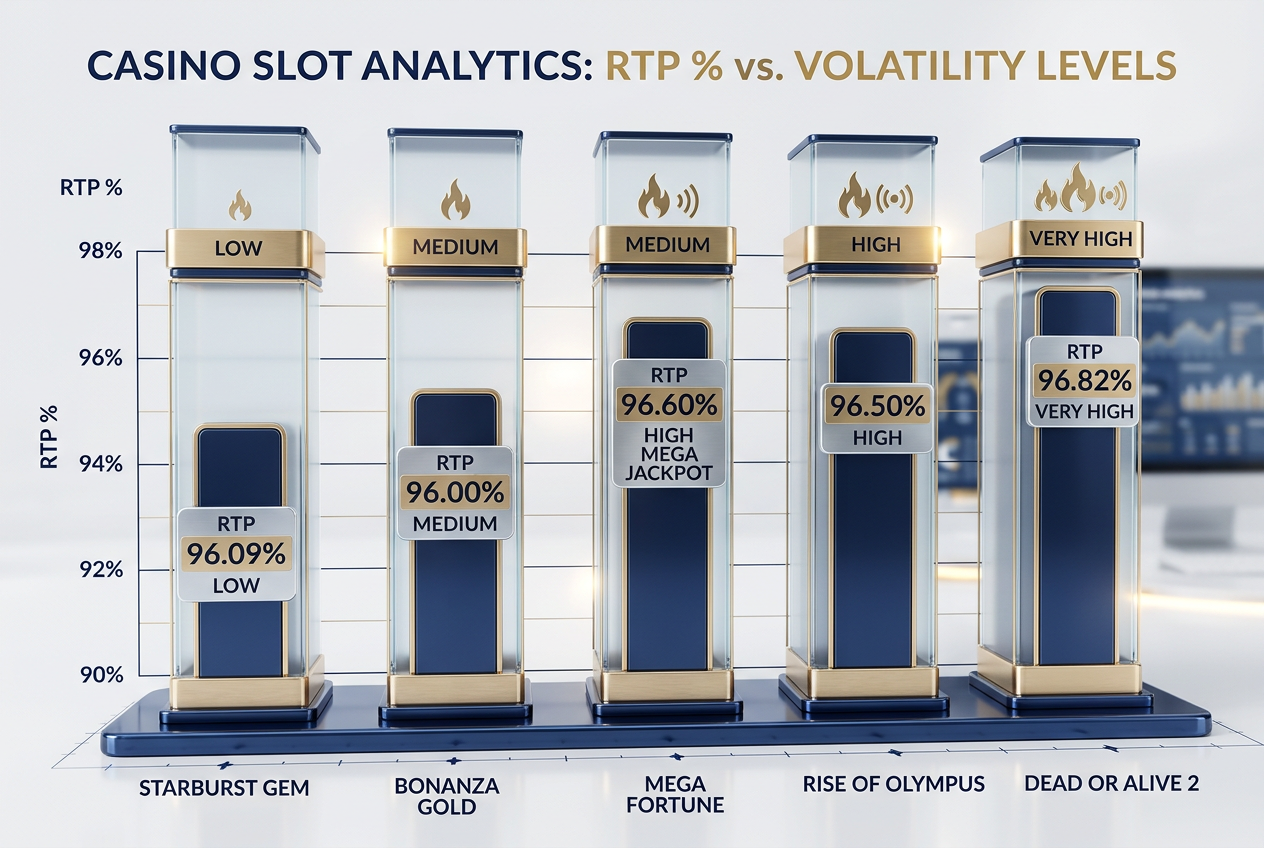 Profesionální infografika porovnávající RTP a volatilitu výherních automatů vhodných pro nízké sázky
