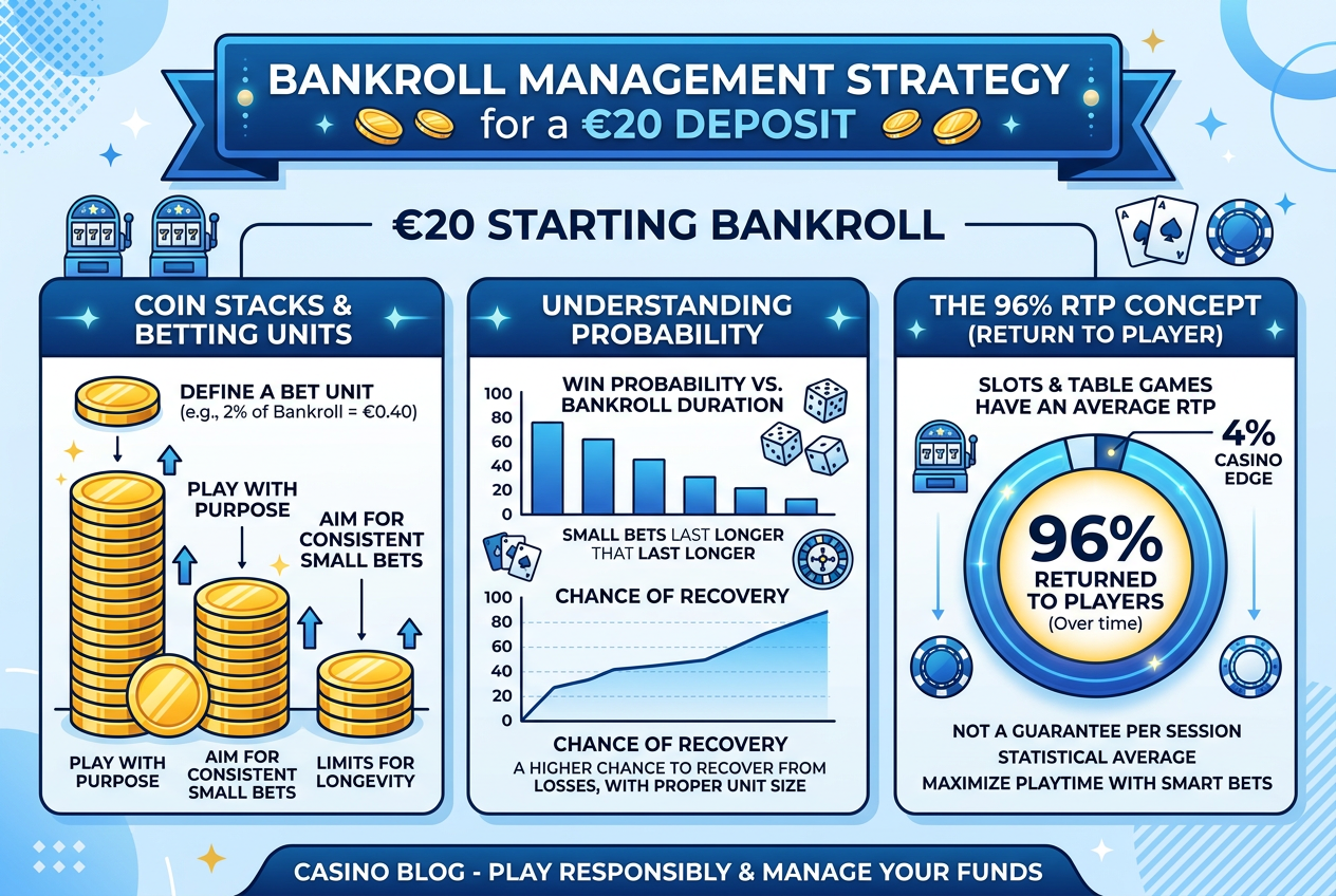 Infografika výpočtu wageringu a matematické analýzy bankrollu v online casinu pro vklad 20 euro